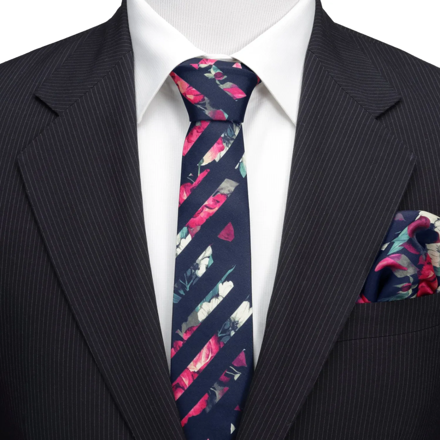Sale Painted Floral Navy Stripe Silk Men's Tie Classic Ties