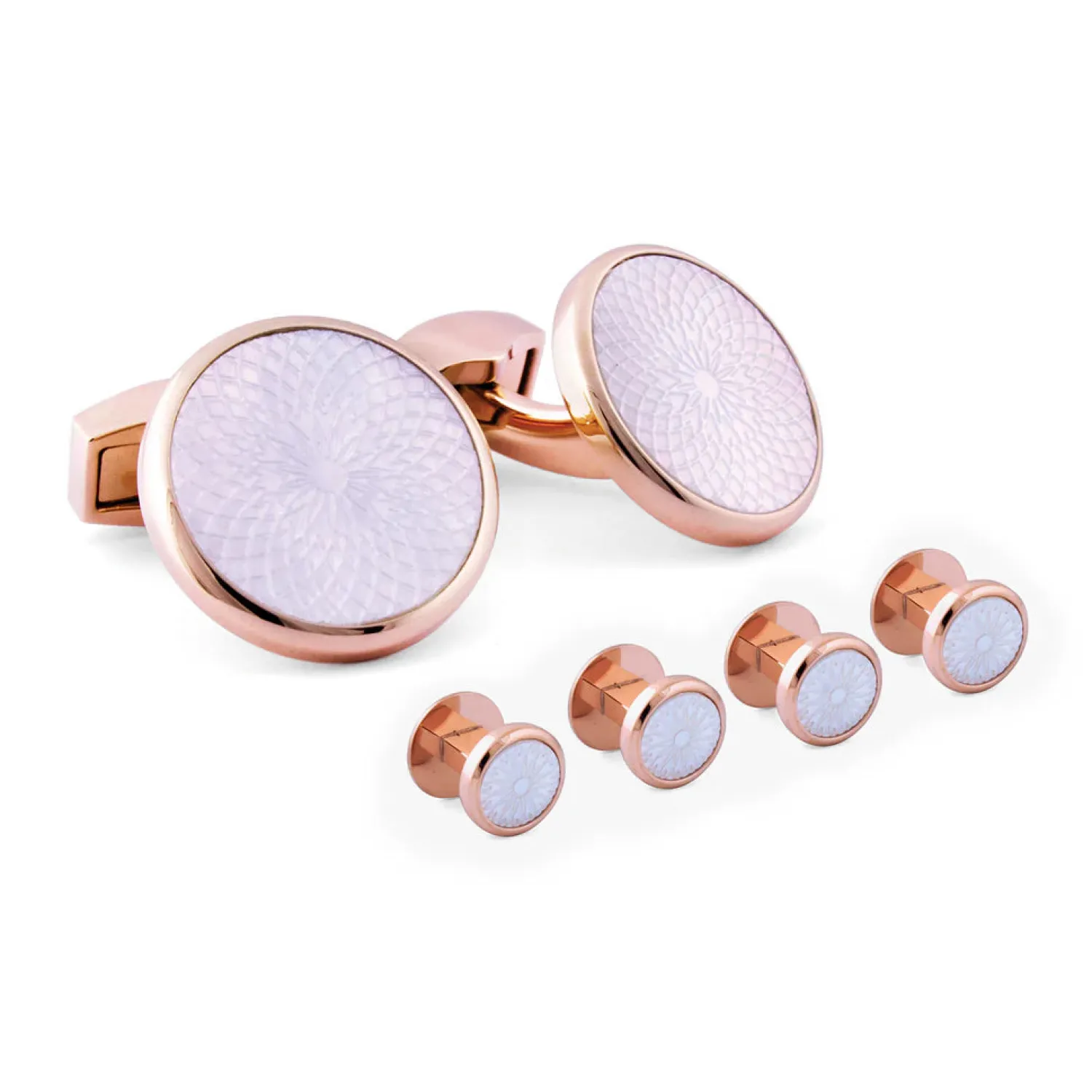 Flash Sale Rotondo Guilloche stud set with white mother of pearl in rose gold plated stainless steel Stud Sets