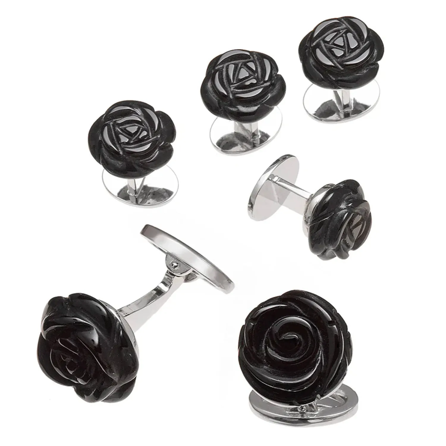 Clearance Sterling Silver Carved Rose Black Onyx Stud Set Stud Sets